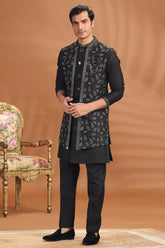 Black Silk Embroidery and Mirror Worked Jacket Kurta Set